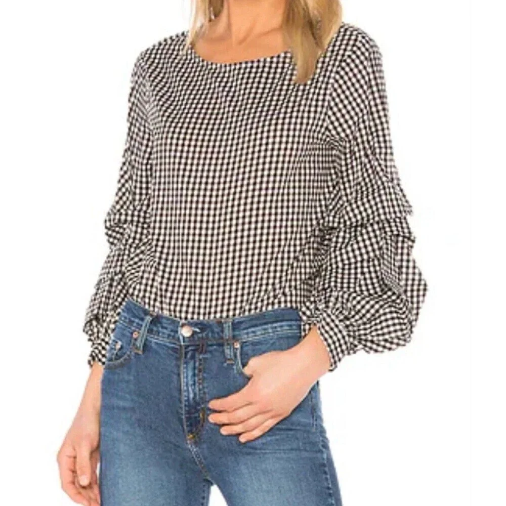 Sanctuary Revolve Black & White Gingham Lightweight  Ruffle Sleeve Blouse Small - Picture 9 of 9